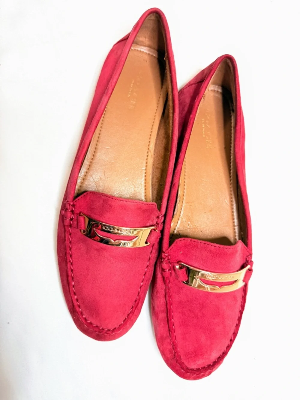 Coach Hot Pink Suede Driving Loafers Gold Logo Flats Womens 10 - Picture 6 of 14